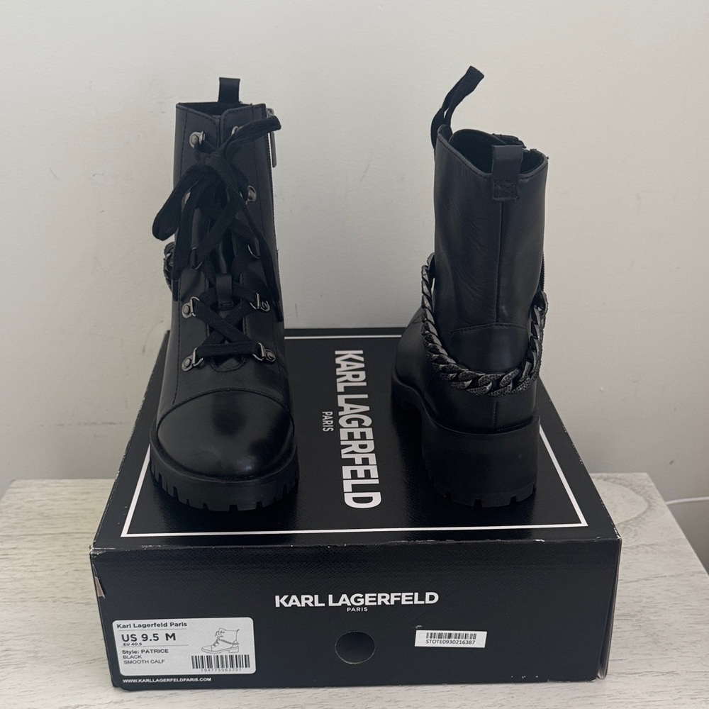 Karl Lagerfeld Black Leather Boots with Chain Accent